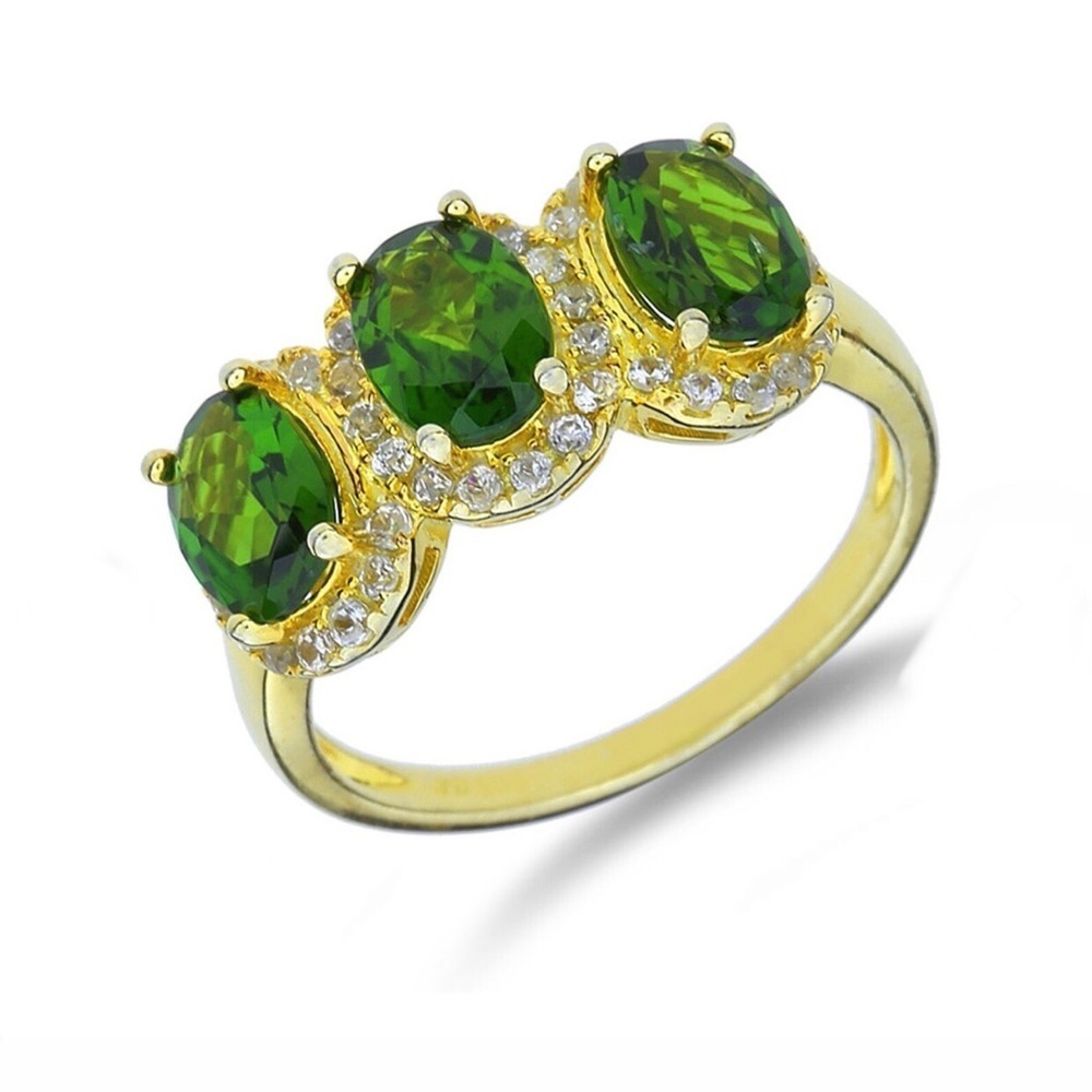 Green Chrome Diopside Ring Zircon Halo Gold Plated